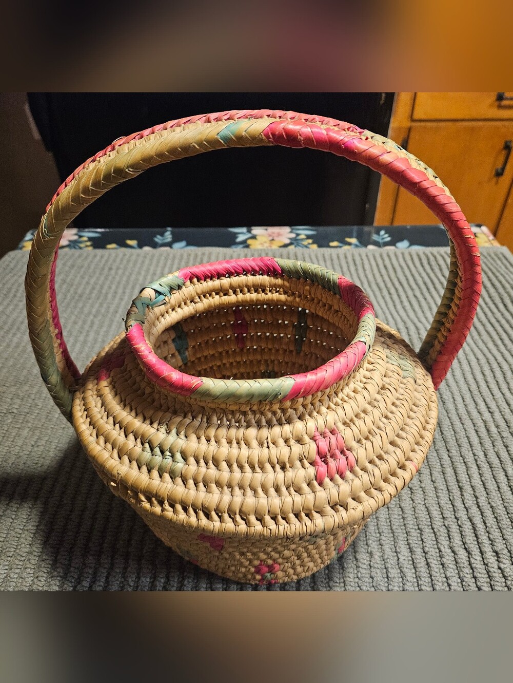 Handwoven Straw Basket with Pink & Green Accents - Picture 5 of 5